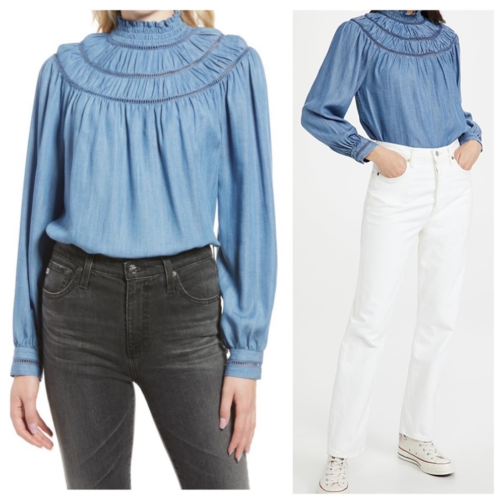 Rebecca minkoff / NWT Jordana chambray Medium wash ruched blouse top XS - Picture 1 of 10